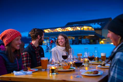 Group of people sitting a table in the evening