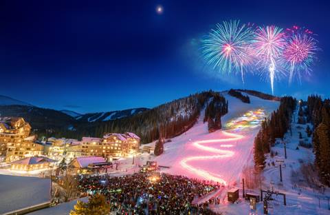 The torchlight parade at winter park features fireworks and a parade of torchlights down the front of Larry Sale - one of the best events to join for Christmas activities in Winter Park Colorado Ski Resort