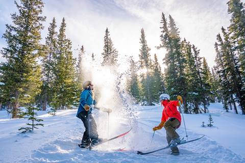 Two skiers tossing fresh snow up off of their skies and laughing.