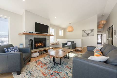 Living room with couches facing a TV and fireplace