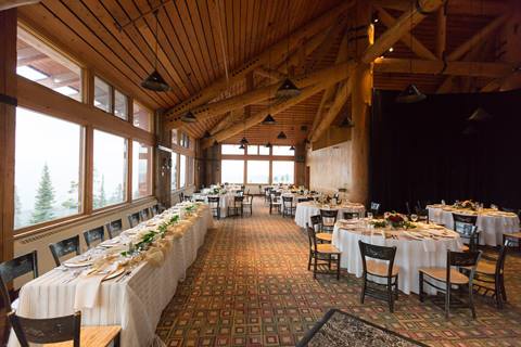 Mountaintop wood style lodge set for a wedding reception at Winter Park Resort