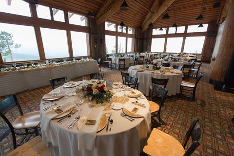 Mountaintop wood style lodge set for a wedding reception at Winter Park Resort