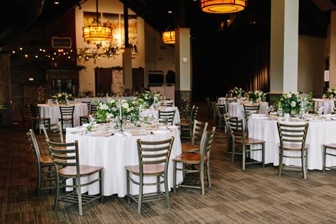 Dining room at am industrial style mountain wedding venue at Winter Park Resort