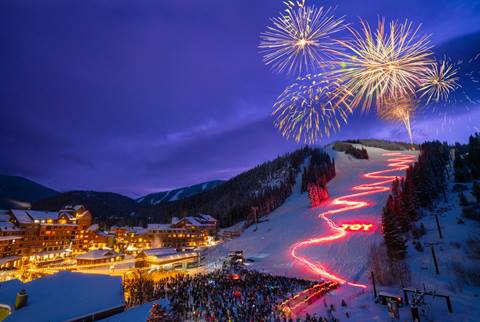 Fireworks and light parade on ski resort at Winter park Resort Colorado