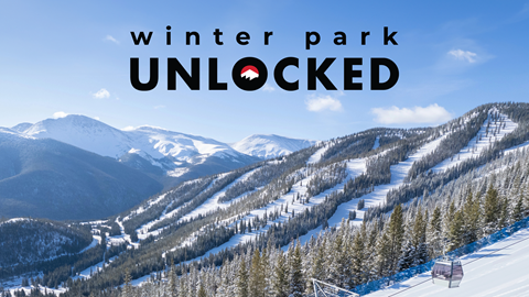 The Winter Park Unlocked logo overlayed on an aerial image of Winter Park Ski Resort