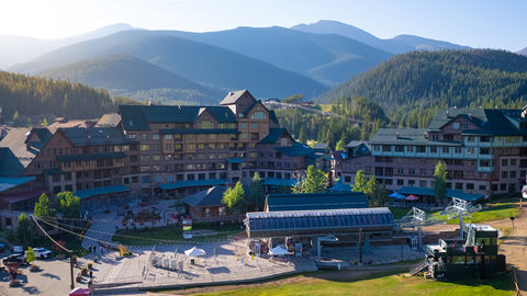 An aerial image of the Village in the base area of Winter Park Ski Resort