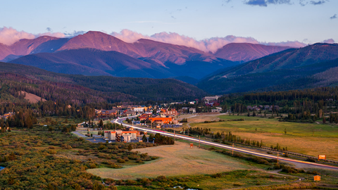 An aerial image of the town of Winter Park, Colorado