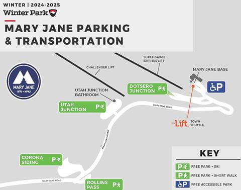 The Mary Jane base parking map at winter park resort