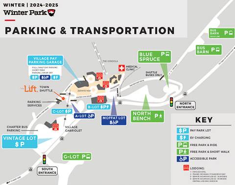 Parking map at winter park resort for winter 2024 - 2025 