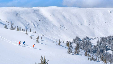 An aerial image of the Vasquez Main Mountain area, three skiers are descending into some glades